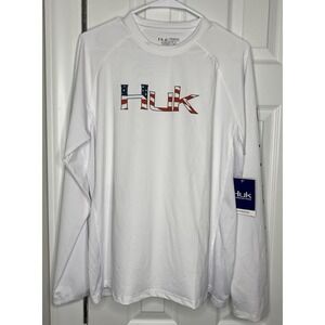 Huk Men's Long Sleeve Fishing Shirt American Flag Design‎ White Size Medium New